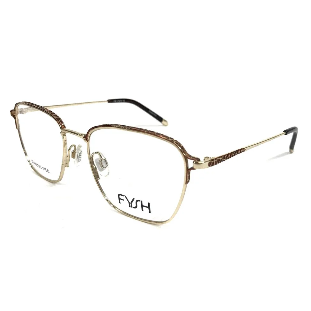 FYSH Eyeglasses Frames 3621 S111 Shiny Gold Brown Animal Print Square 52-18-135